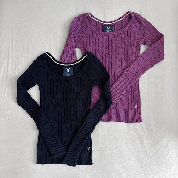 Vintage Y2K American Eagle Lavender Purple Cable Knit Sweater Preppy 2000s - M - Picture 5 of 5